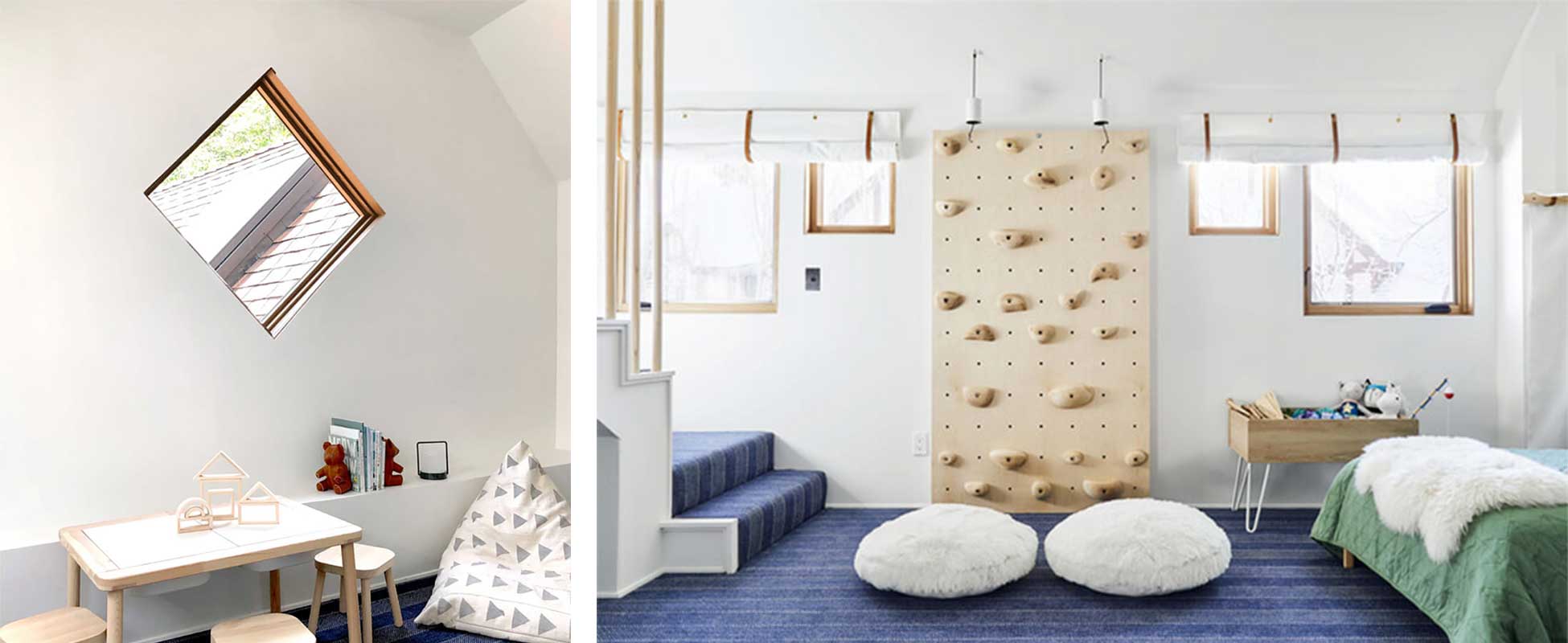 Large bedroom with rock climbing wall and multiple Marvin Windows