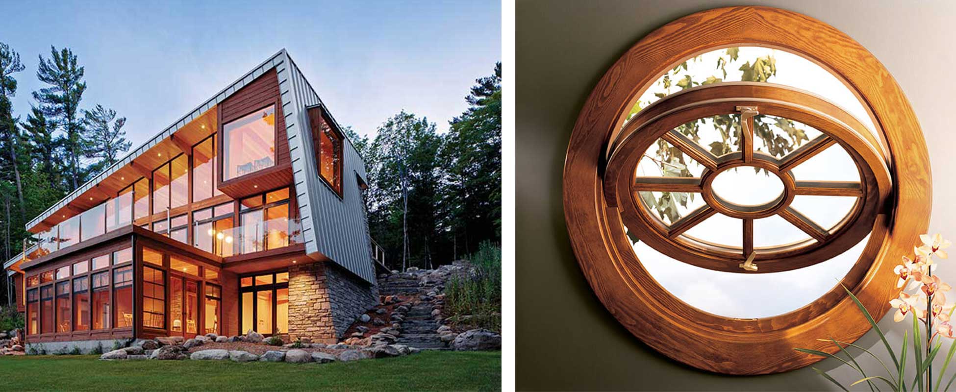 An exterior photo of a contemporary home with a wall of windows, brightly lit from within.