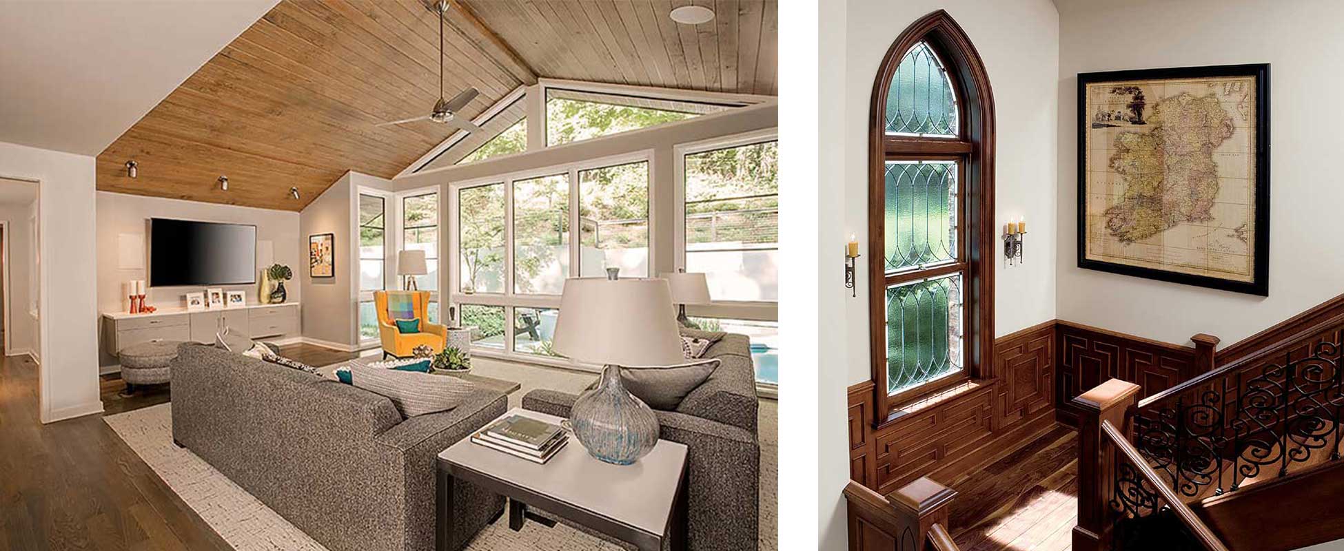 An interior photo of a living room with Marvin custom shaped windows and an ornate staircase featuring a historic, decorative window.