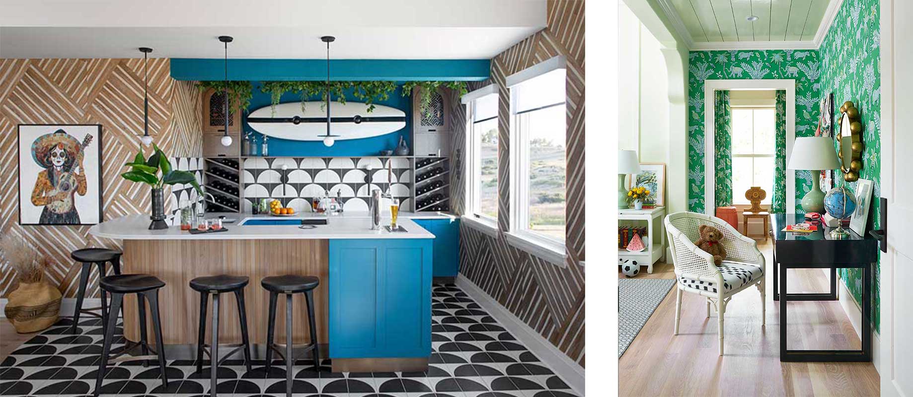 A colorful and bright bar area using Marvin Ultimate Casement windows and a green study with ample light from an Ultimate Double Hung window.